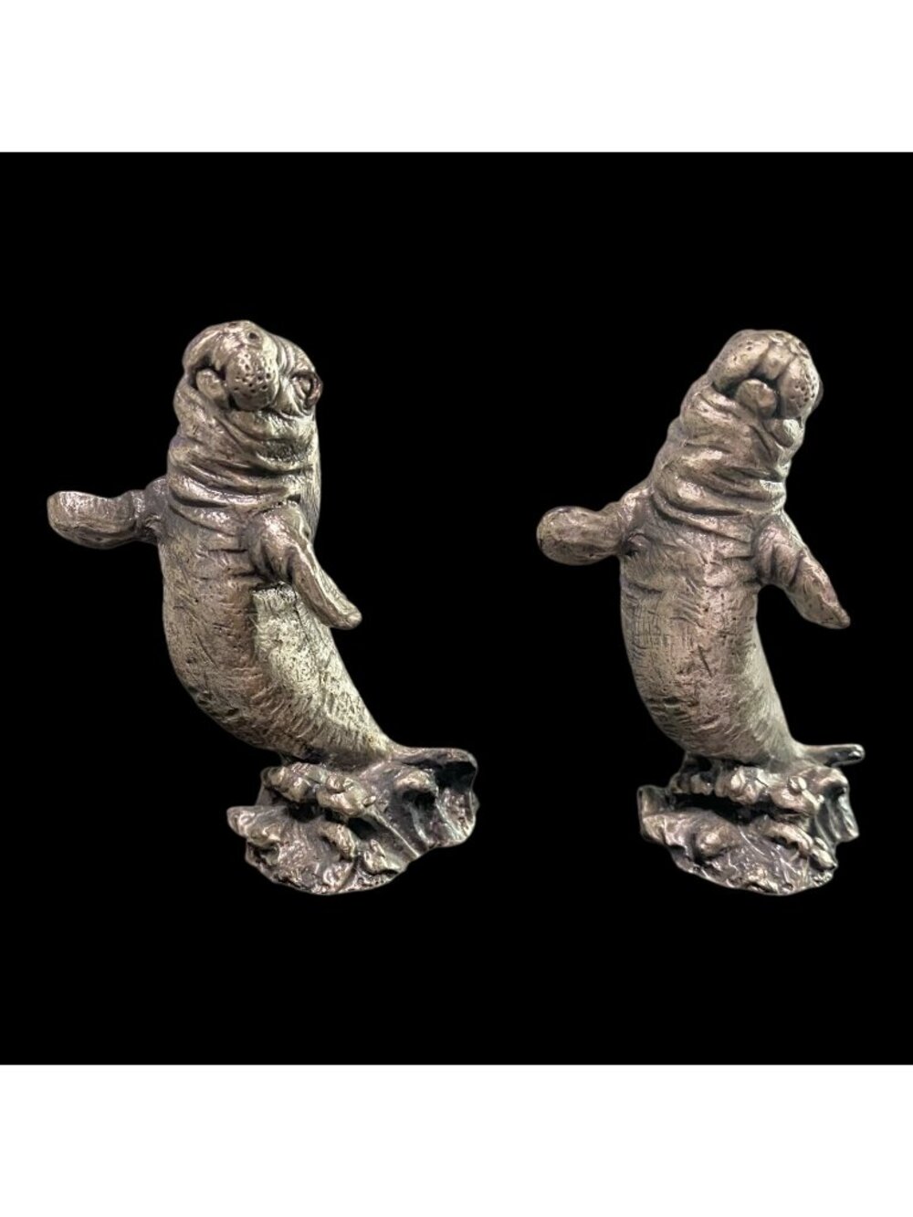 Vintage Pewter Manatee Figurines Set Of 2 Handcrafted Detailed Marine Life Decor
